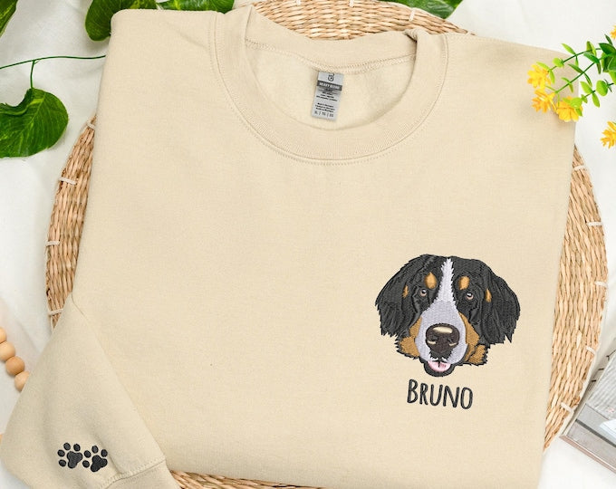 Custom Embroidered Pet Portrait Sweatshirt | Your Pet's Face on Your Chest