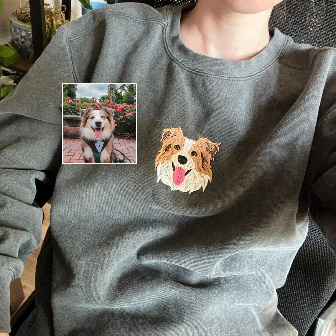 Custom Embroidered Pet Portrait Sweatshirt | Your Pet's Face on Your Chest