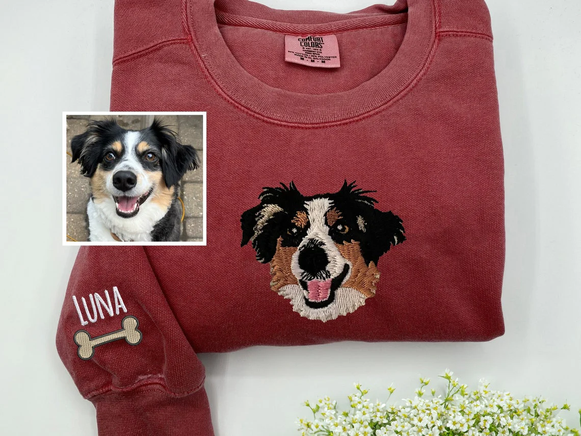 Custom Embroidered Pet Portrait Sweatshirt | Your Pet's Face on Your Chest