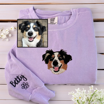 Custom Embroidered Pet Portrait Sweatshirt | Your Pet's Face on Your Chest
