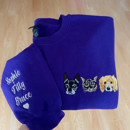 Custom Embroidered Pet Portrait Sweatshirt | Your Pet's Face on Your Chest